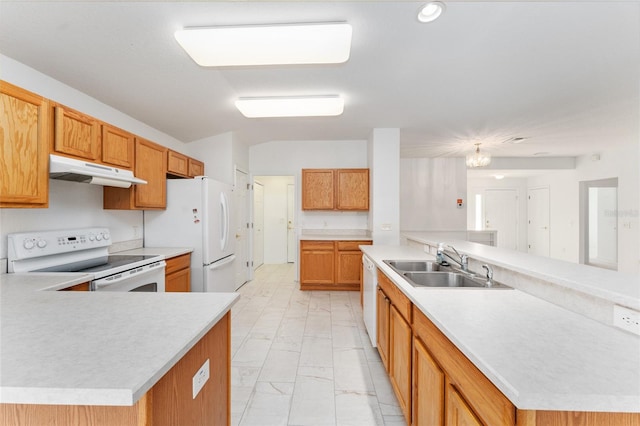 kitchen with sink, white appliances, and kitchen peninsula