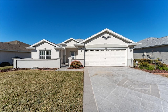 ranch-style house featuring a garage and a front yard