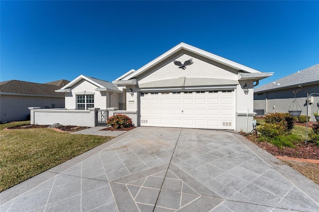 single story home with a garage and a front yard