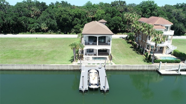 drone / aerial view featuring a water view