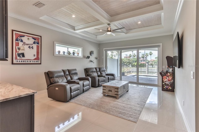 tiled living room featuring beamed ceiling, ornamental molding, coffered ceiling, wood ceiling, and ceiling fan