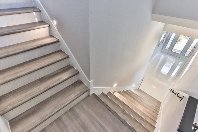 staircase featuring wood-type flooring