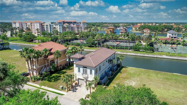 drone / aerial view featuring a water view