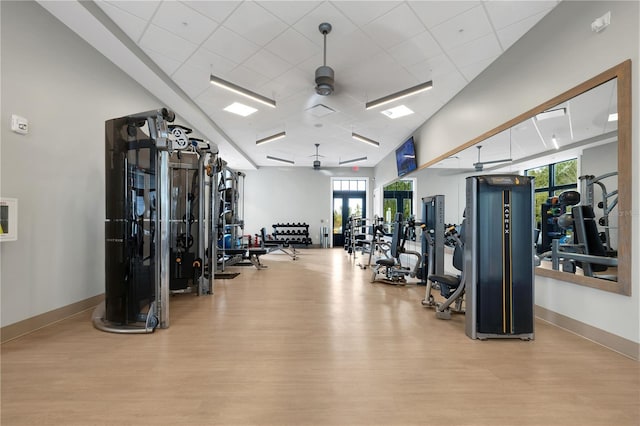 gym featuring light hardwood / wood-style flooring