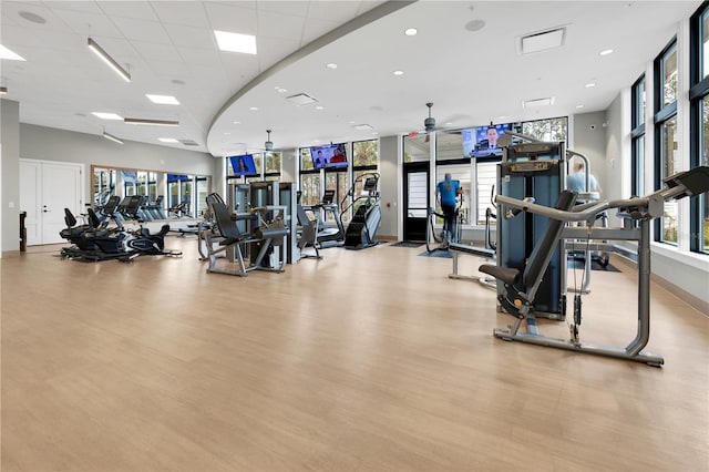 exercise room with light hardwood / wood-style flooring, floor to ceiling windows, and a paneled ceiling
