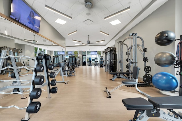 exercise room featuring ceiling fan and light wood-type flooring
