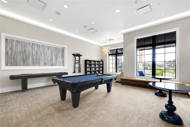 rec room with carpet floors and pool table
