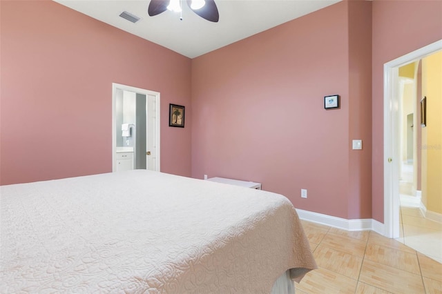 bedroom featuring ceiling fan and ensuite bath