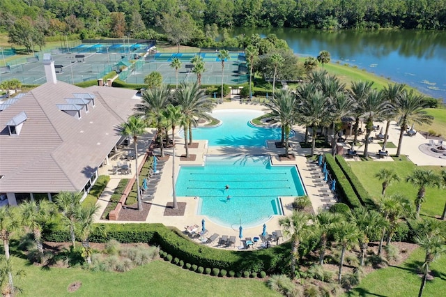 birds eye view of property featuring a water view