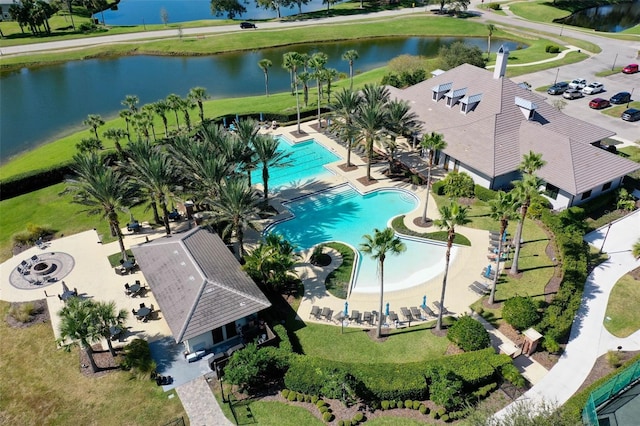 birds eye view of property featuring a water view