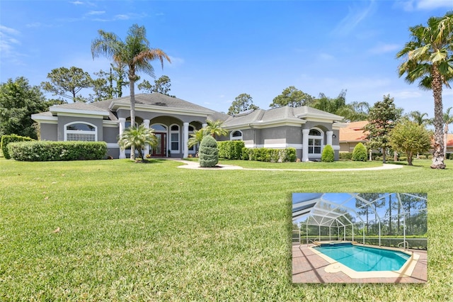 exterior space with a lanai and a front lawn