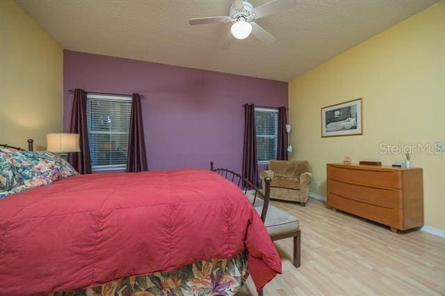 bedroom featuring light wood-type flooring and ceiling fan