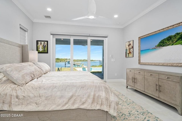 bedroom with crown molding, access to outside, ceiling fan, and a water view