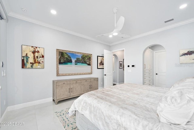 bedroom featuring ornamental molding, light tile patterned floors, and ceiling fan