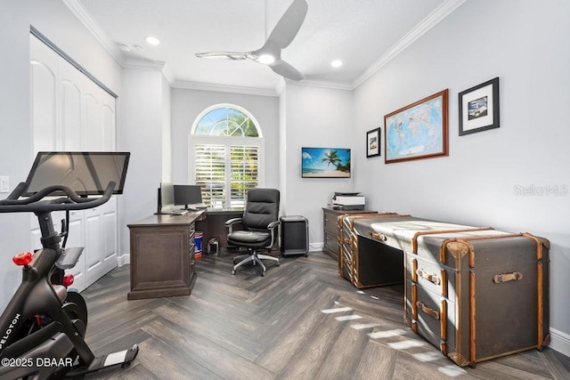 office featuring ceiling fan, ornamental molding, and dark parquet floors