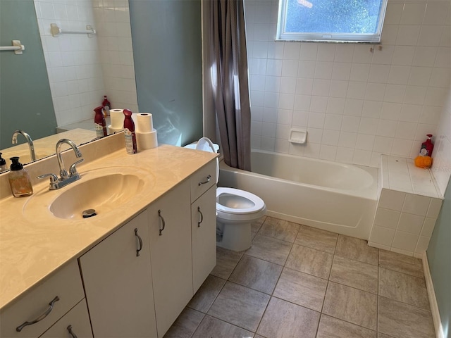 full bathroom featuring vanity, shower / bath combo, and toilet