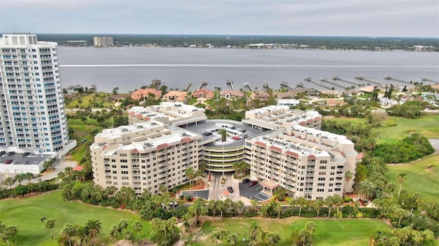 drone / aerial view featuring a water view