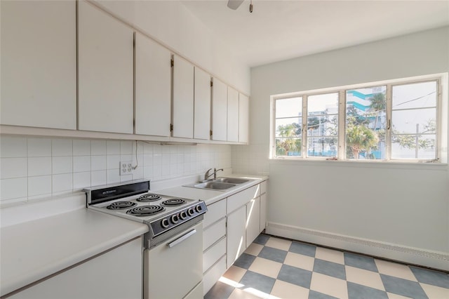 kitchen featuring sink, white electric range, ceiling fan, white cabinets, and a baseboard radiator