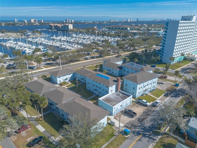 birds eye view of property featuring a water view