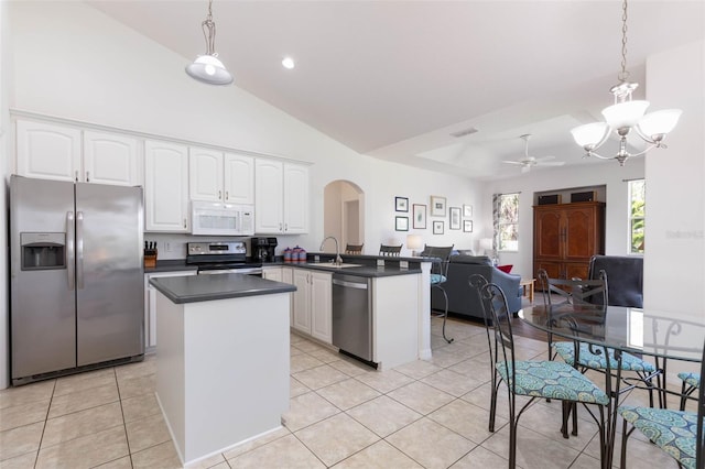 kitchen featuring white cabinetry, decorative light fixtures, kitchen peninsula, and appliances with stainless steel finishes