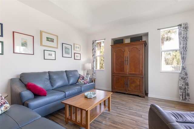 living room with light hardwood / wood-style floors and a healthy amount of sunlight