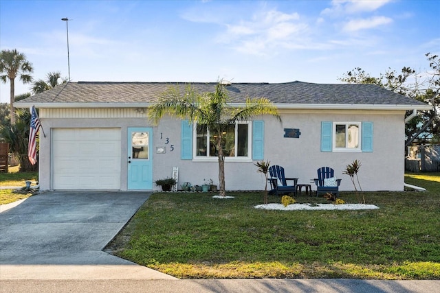 single story home featuring a garage and a front yard