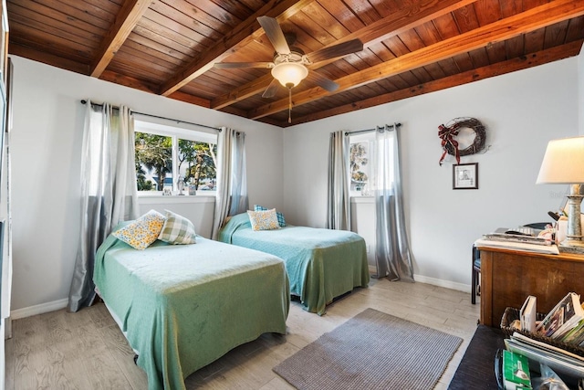 bedroom featuring ceiling fan, multiple windows, and wooden ceiling