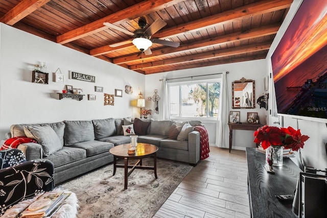 living room with hardwood / wood-style flooring, ceiling fan, wood ceiling, and beam ceiling