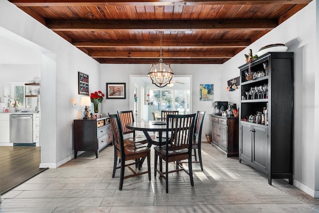 dining area featuring beamed ceiling, wooden ceiling, and an inviting chandelier