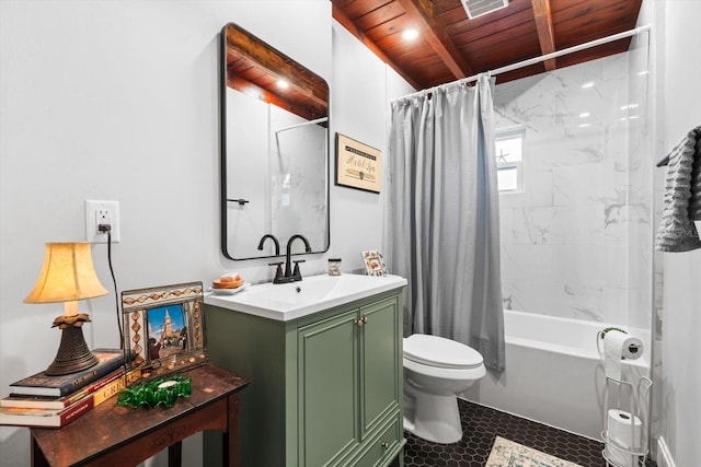 full bathroom featuring shower / tub combo with curtain, wood ceiling, vanity, toilet, and beamed ceiling