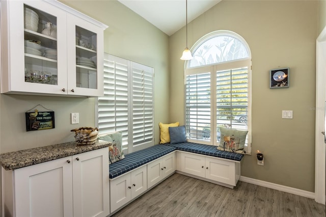 mudroom with plenty of natural light, vaulted ceiling, and light hardwood / wood-style flooring