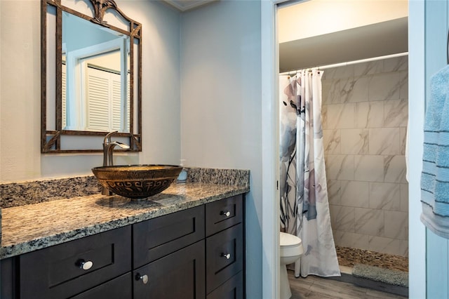 bathroom featuring hardwood / wood-style flooring, vanity, curtained shower, and toilet