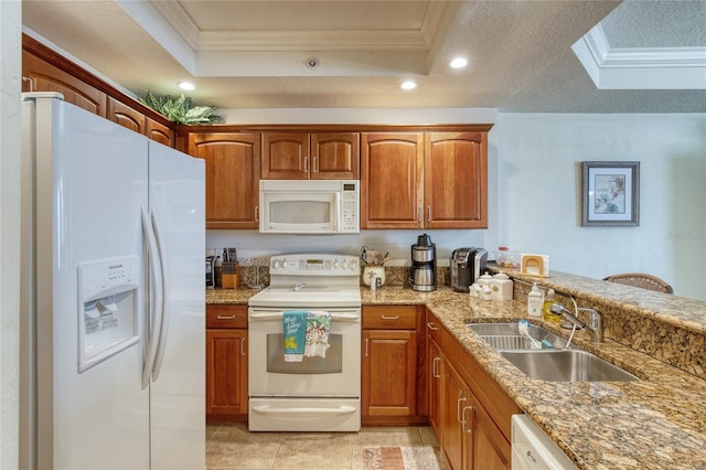 kitchen with sink, light stone counters, light tile patterned floors, ornamental molding, and white appliances