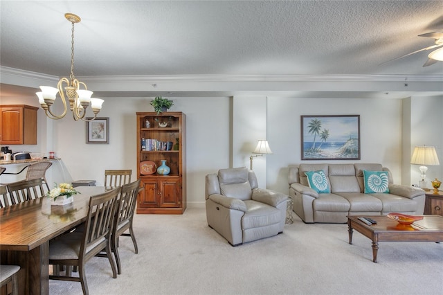 dining room with crown molding, a chandelier, light carpet, and a textured ceiling