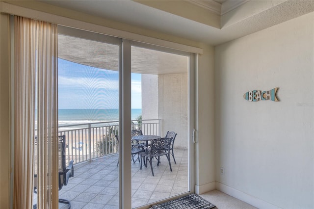 interior space with a water view