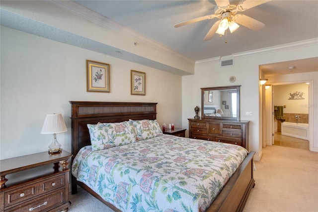 carpeted bedroom featuring crown molding, a textured ceiling, ceiling fan, and ensuite bathroom