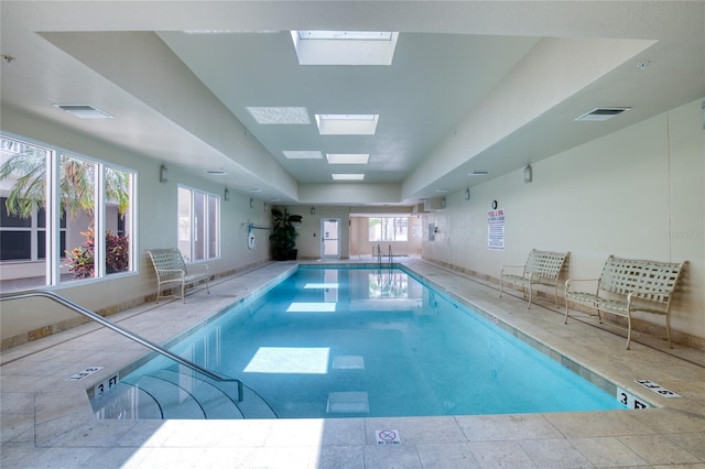 view of pool featuring a skylight