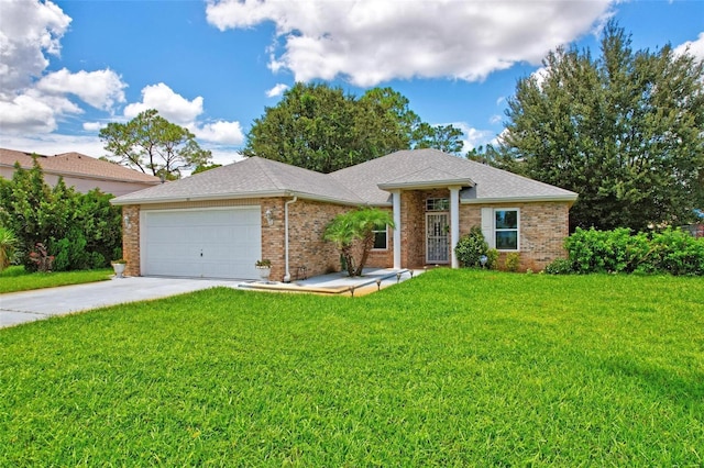 single story home with a garage and a front lawn