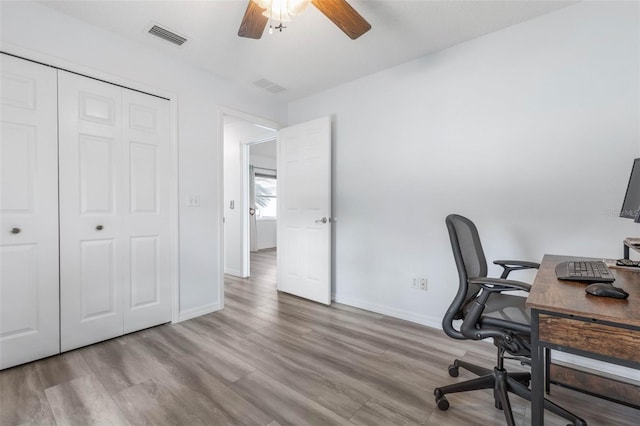 office space with ceiling fan and light wood-type flooring