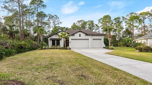 view of front of property with a garage and a front lawn