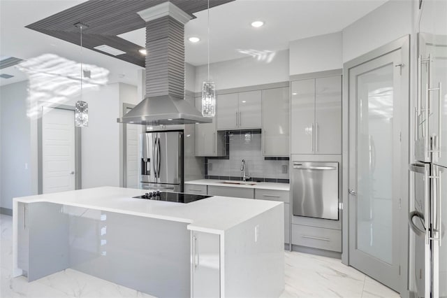 kitchen featuring a center island, decorative light fixtures, black electric cooktop, and stainless steel fridge with ice dispenser