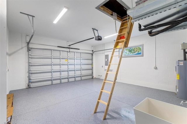 garage with a garage door opener, electric water heater, sink, and electric panel