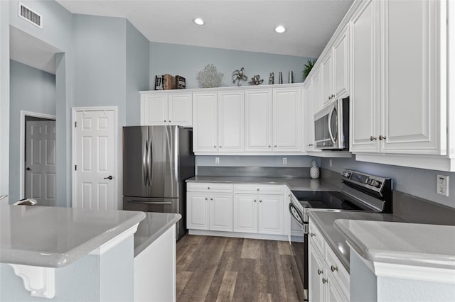 kitchen featuring lofted ceiling, appliances with stainless steel finishes, dark wood-type flooring, and white cabinets