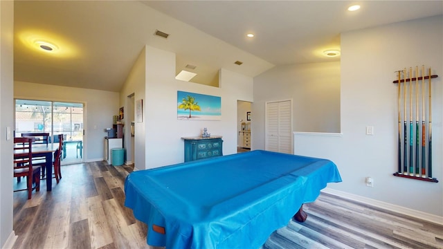 bedroom featuring lofted ceiling, pool table, and wood-type flooring