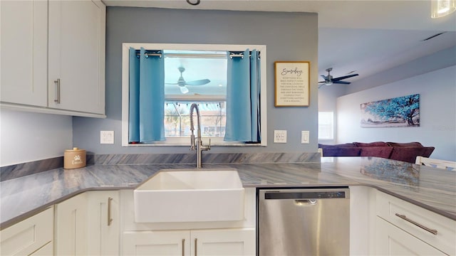 kitchen with dishwasher, sink, white cabinets, and ceiling fan