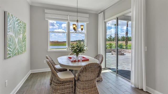 dining room featuring an inviting chandelier, crown molding, light hardwood / wood-style floors, and a water view