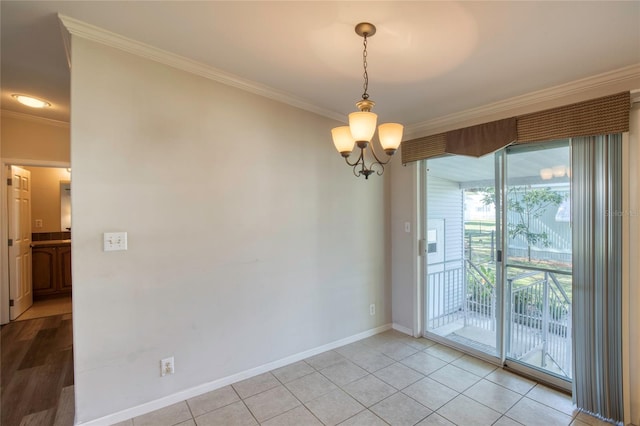 interior space with a notable chandelier, ornamental molding, and light tile patterned flooring