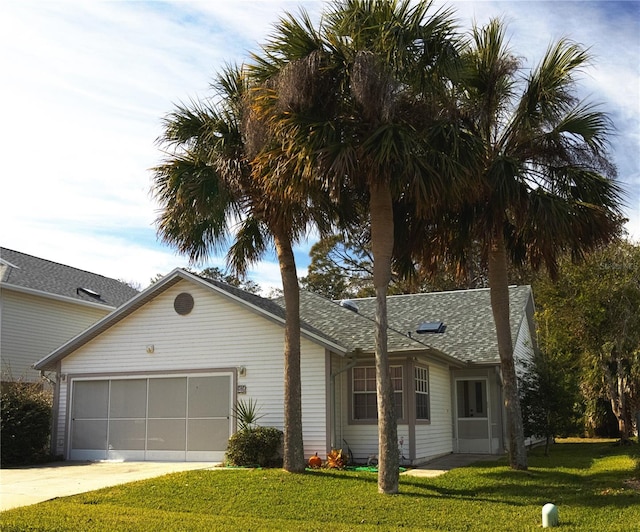 ranch-style home featuring a garage and a front lawn