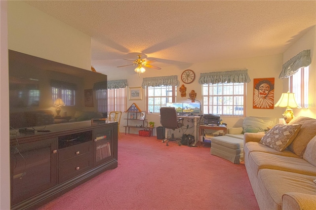 living room featuring ceiling fan, carpet flooring, and a textured ceiling