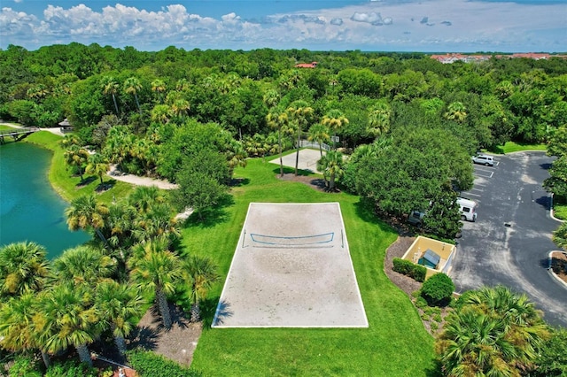 bird's eye view with a water view